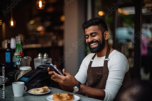 indian waiter or cook using smartphone