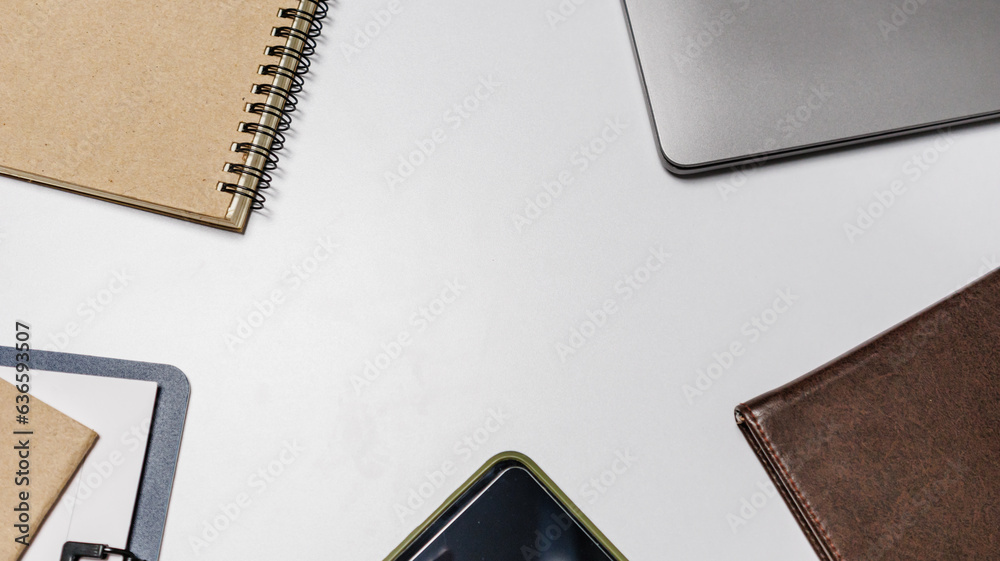 Fototapeta premium top view business desk nobody, Stylish office table desk. Workspace