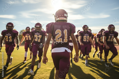 Teenage boy high school football team running onto the field before a game, pumped up and ready to play