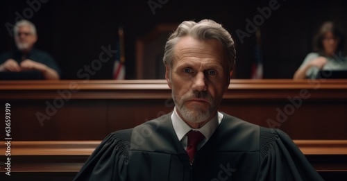 Judge presides in courtroom, poised gavel.