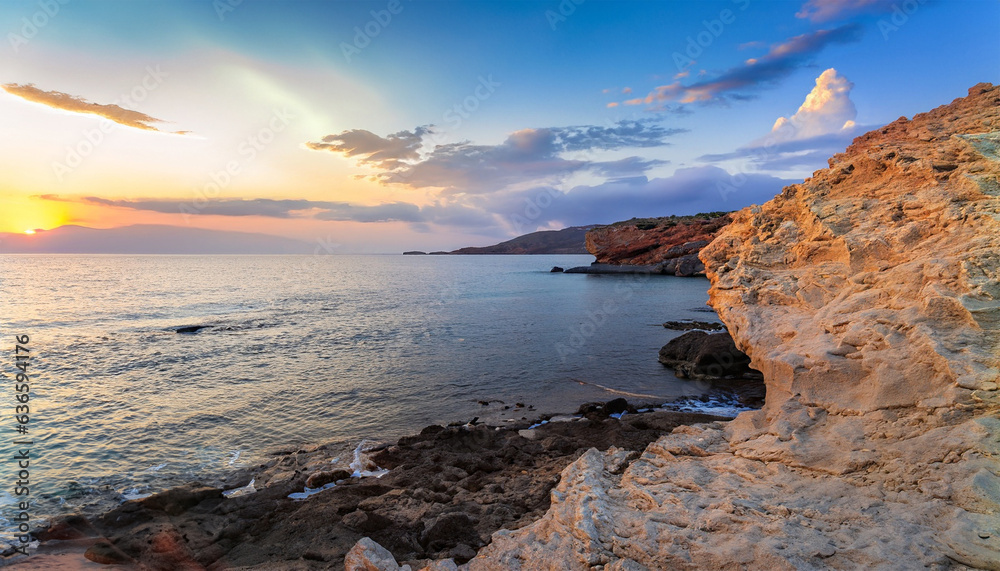 Beautiful landscape. Coast of the island of Crete - Greece area of Lerapetra Eden Rock. Beautiful sky at sunrise over the sea