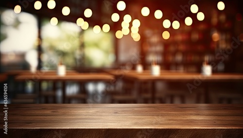 Urban Lifestyle in Blurred Background. Cafe Ambience with Wooden Tables and Bokeh Lights