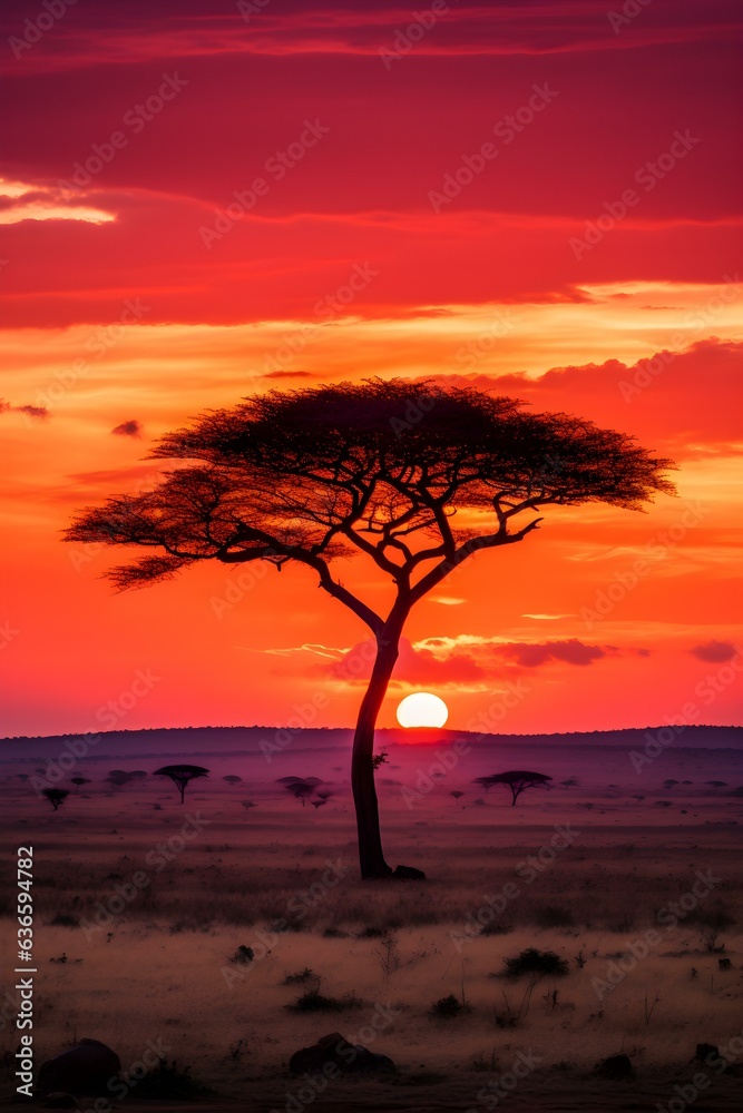 Sunset View of a Tree in front of an African Landscape
