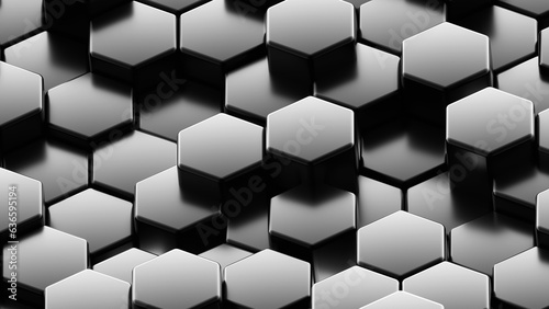 Abstract 3D geometric background, blak hexagons shapes, 3D honeycomb pattern.