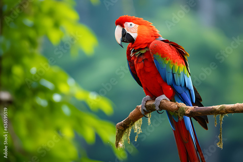 Beautiful Scarlet macaw (Ara macao) on the tree.