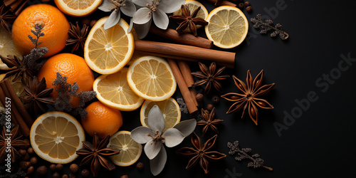 Merry Christmas  festive celebration festive background. Ornaments  orange slices  cinnamon sticks  star anise  branches  cones  on a black table background  top view