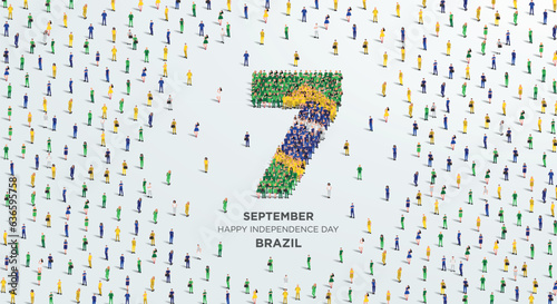 Happy Independence Day Brazil. A large group of people form to create the number 7 as Brazil celebrates its Independence Day on the 7th of September. Vector illustration.