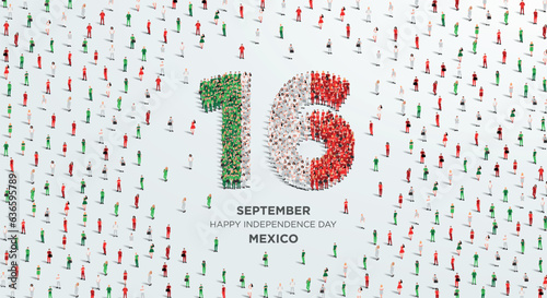 Happy Independence Day Mexico. A large group of people form to create the number 16 as Mexico celebrates its Independence Day on the 16th of September. Vector illustration.