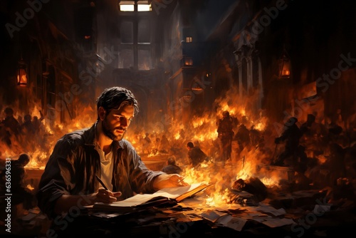 Pressefreiheit, Mann liest Buch inmitten von Flammen