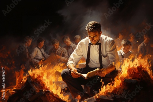 Pressefreiheit, Mann liest Buch inmitten von Flammen