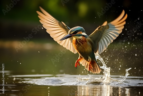 Flying kingfisher with an orange in its beak on a lake.
