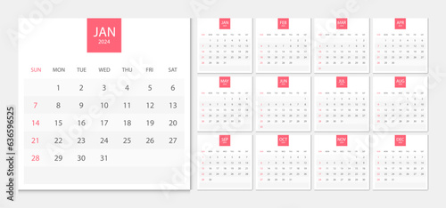 Calendar 2024 week start Sunday corporate design template vector. Desk calendar 2024.
