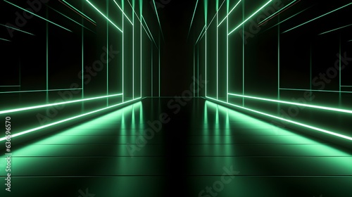 3D Render of a Room with Glowing Dark Green Neon Lines. Abstract Background