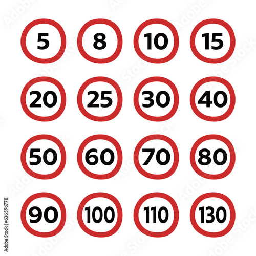 Road signs collection vector illustration. Traffic signs. Speed limit signs. Cartoon style.