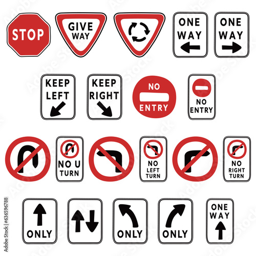 Road signs collection vector illustration. Traffic signs. Stop, Give Way, Give way at roundabout, One Way, Keep Left, Keep Right, No Entry, No U-turn, No Left Turn, Two-way Traffic... Cartoon style.