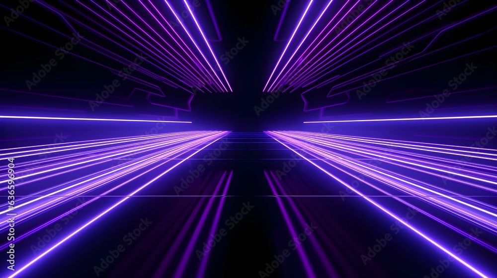 3D Render of a Room with Glowing Dark Purple Neon Lines. Abstract Background