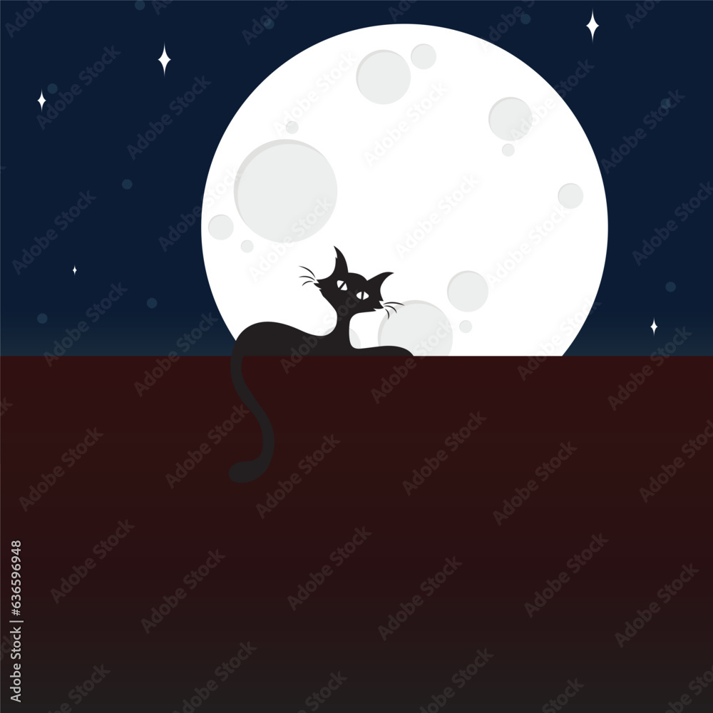 Black cat sitting on the wall in moon night, minimal background, vector