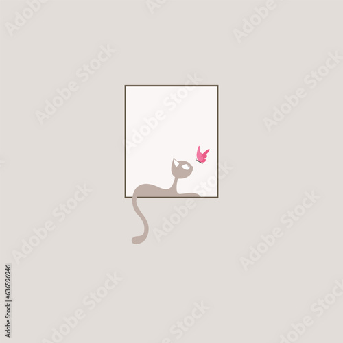 Cute cat and butterfly sitting in a window, minimal wallpaper, vector background