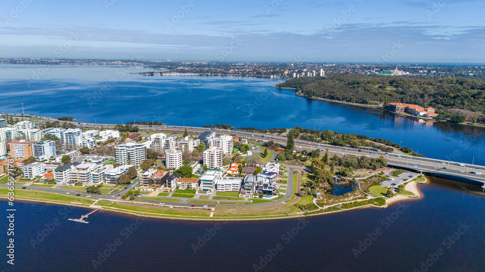 Aerial landscapes above Swan river in Perth, Western Australia