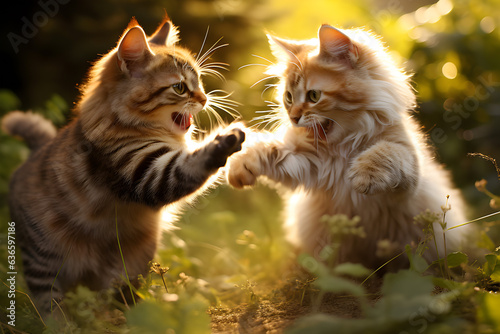 Two cute little kittens playing in the garden on sunny summer day.