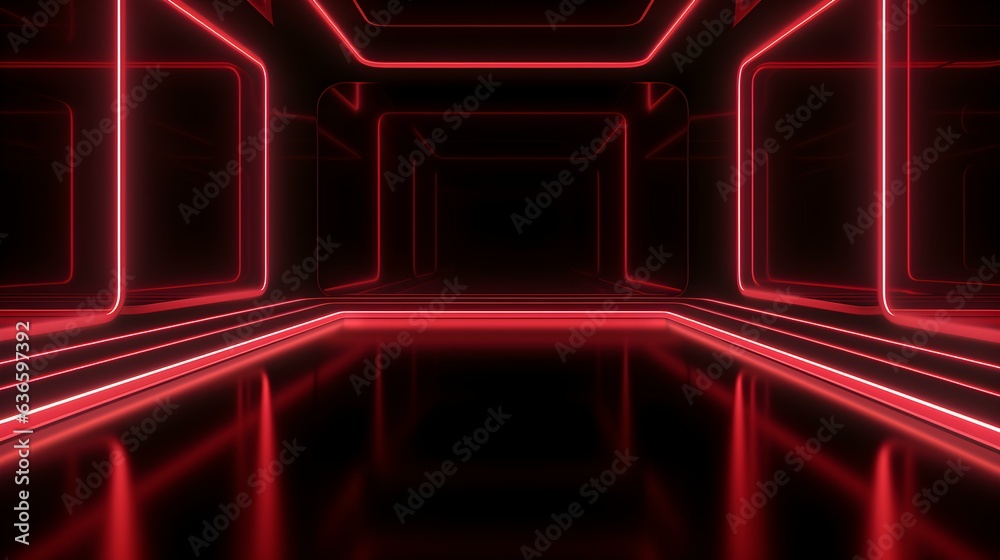 3D Render of a Room with Glowing Dark Red Neon Lines. Abstract Background