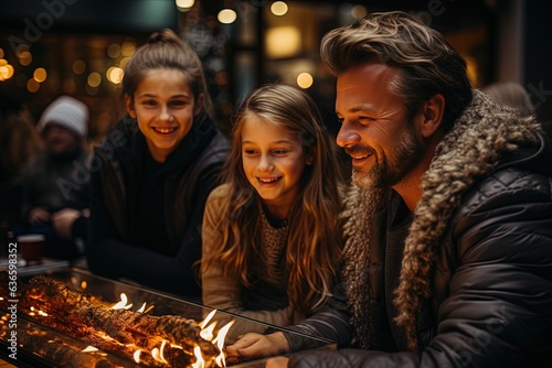 After a long day of skiing - family meets up a fireplace