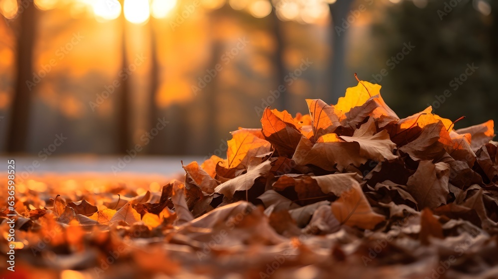 Close up of a Pile of Autumn Leaves in a Park. Blurred Background
