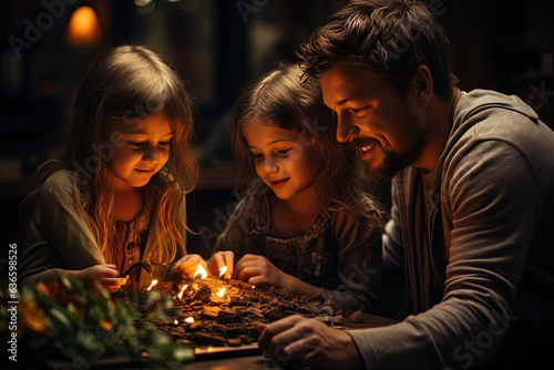 The fireplace's flickering flames match the warmth in this family's hearts as they enjoy a cozy winter evening together