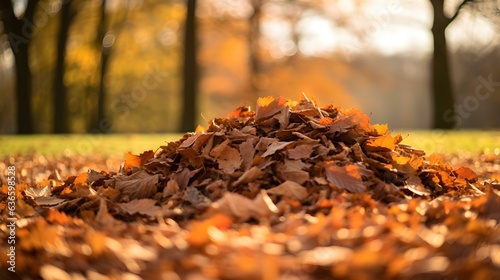 Close up of a Pile of Autumn Leaves in a Park. Blurred Background 
