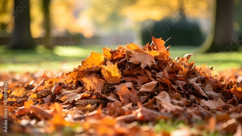 Close up of a Pile of Autumn Leaves in a Park. Blurred Background 