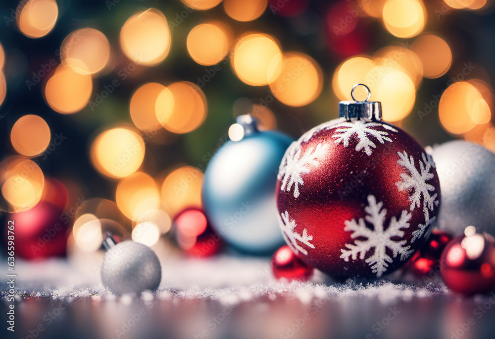 Christmas background with spruce branches decorated with Christmas baubles, snowflakes, and lights. Christmas background with spruce branches decorated with Christmas baubles, snowflakes, and lights.
