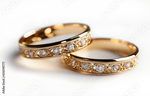 Gold wedding rings on white background.