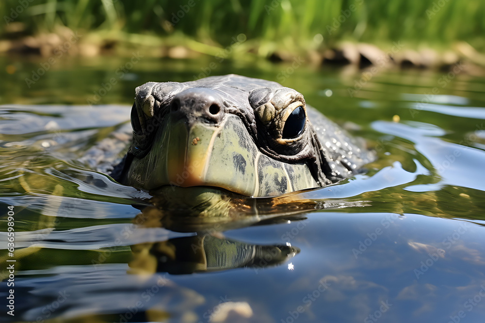 Fototapeta premium Turtle in the pond on the background of green grass and sunlight.