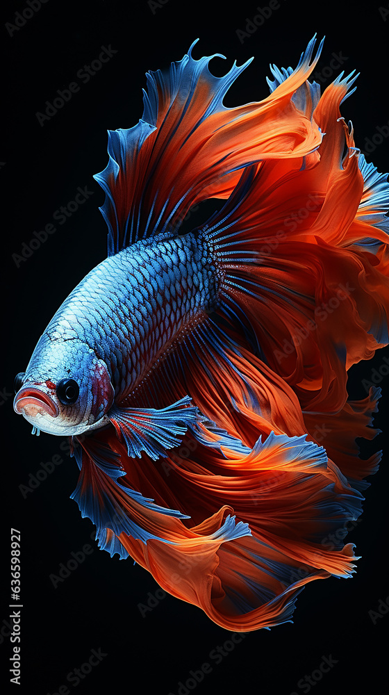 Obraz premium betta fish, fish fighters, ios background style, siamese fish fighting isolated on black background, betta splendens isolated beautiful tail, 
