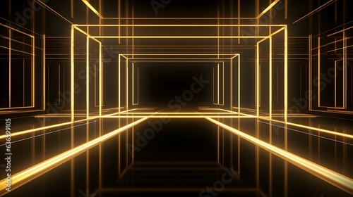3D Render of a Room with Glowing Gold Neon Lines. Abstract Background