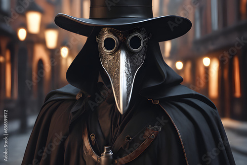 A man dressed with a plague doctor mask and costume from seventeenth-century. Generative AI