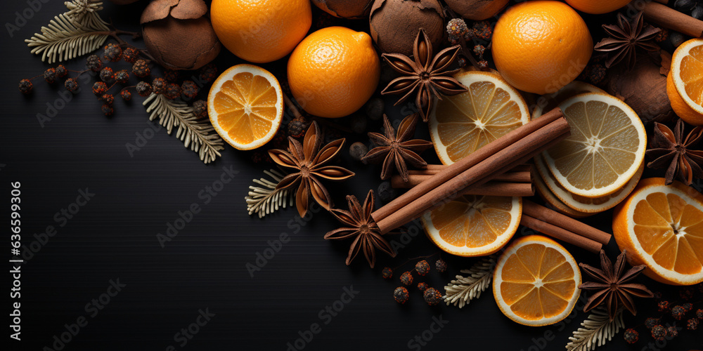 Merry Christmas, festive celebration festive background. Ornaments (orange slices, cinnamon sticks, star anise, branches, cones) on a black table background, top view