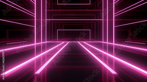 3D Render of a Room with Glowing Hot Pink Neon Lines. Abstract Background
