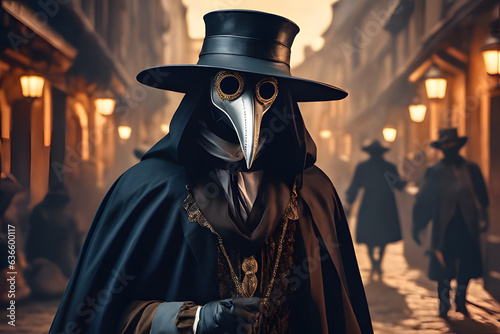 A man dressed with a plague doctor mask and costume from seventeenth-century. Generative AI
