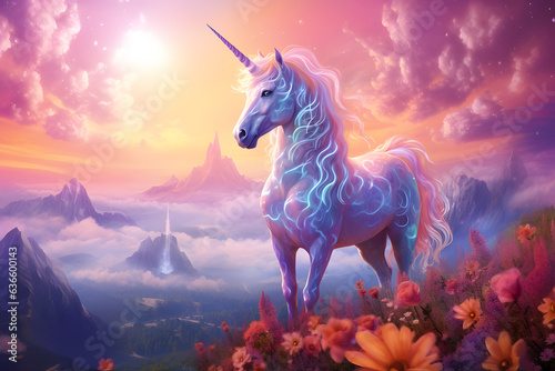 Magic unicorn in fantastic world with fluffy clounds and fairy meadows. photo