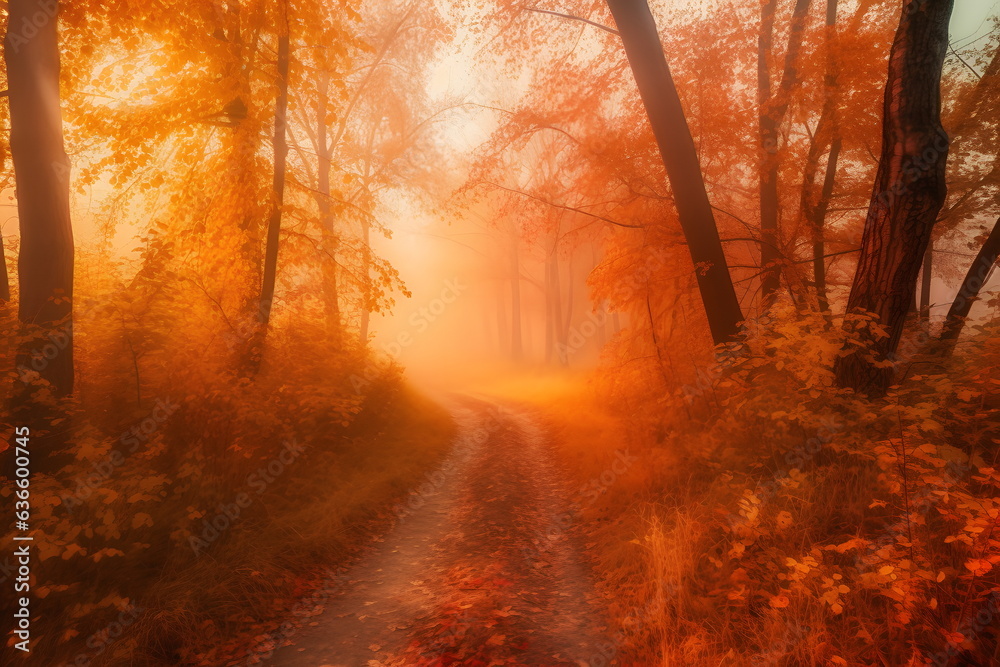 Magical fairy forest with sun rays in the early morning. Landscape with foggy forest and red foliage at sunrise.