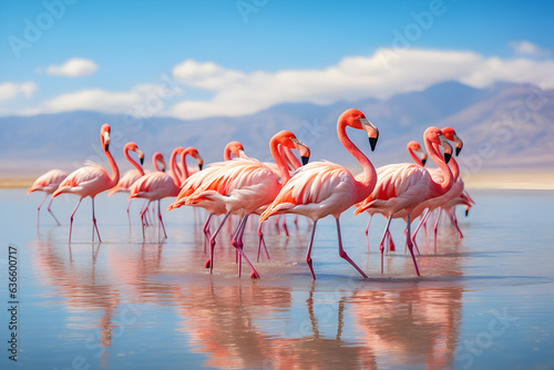 Flamingos in the lagoon of Salar de Uyuni  Bolivia.