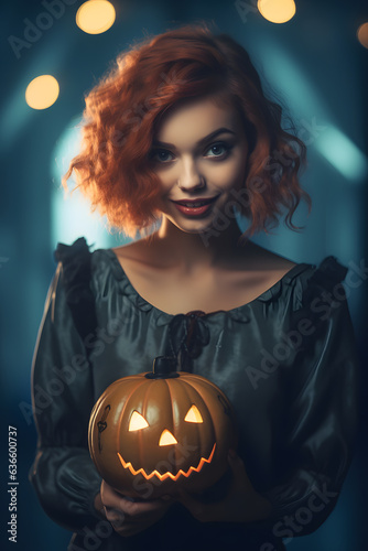 Halloween witch with a magic pumpkin in a dark forest