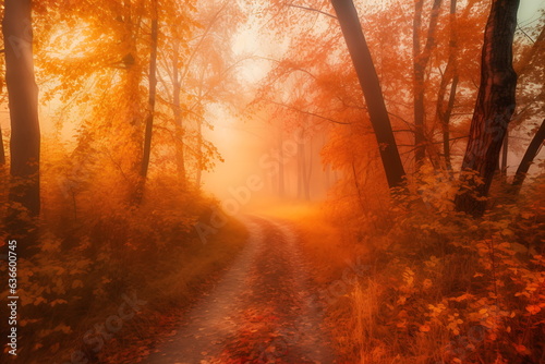 Magical fairy forest with sun rays in the early morning. Landscape with foggy forest and red foliage at sunrise.