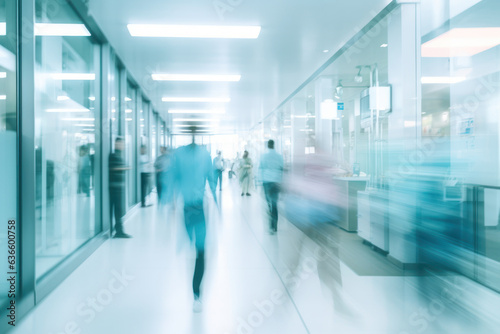 Generative AI. abstract motion blur image of people crowd walking at hospital office building in city downtown, blurred background, business center, medical technology concept