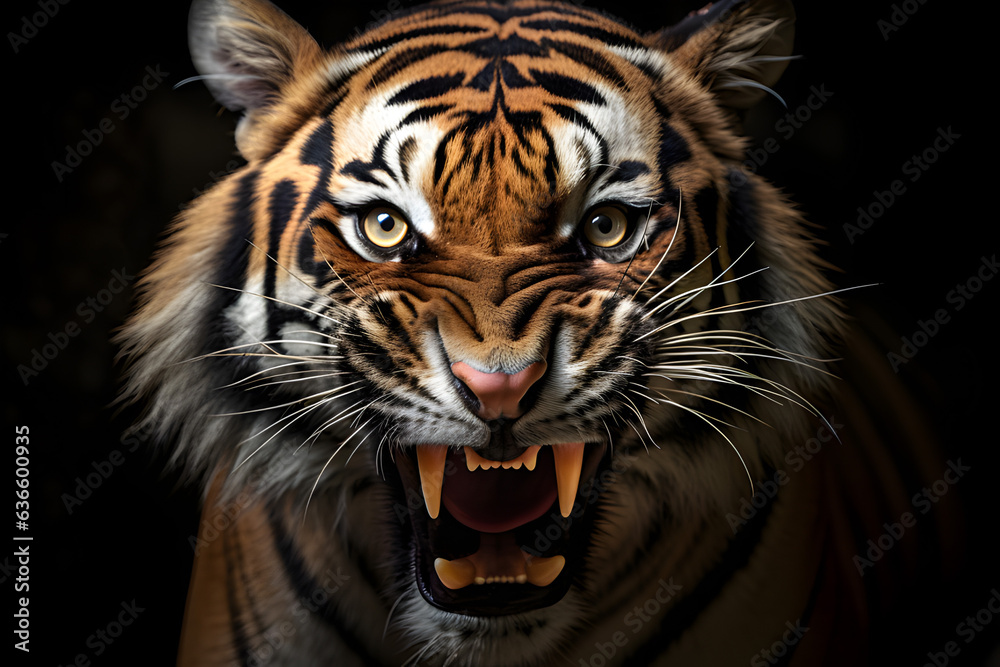 Portrait of a tiger on a black background.Close-up.