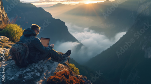 business man work online with his laptop internet at awesome mountain range.  photo