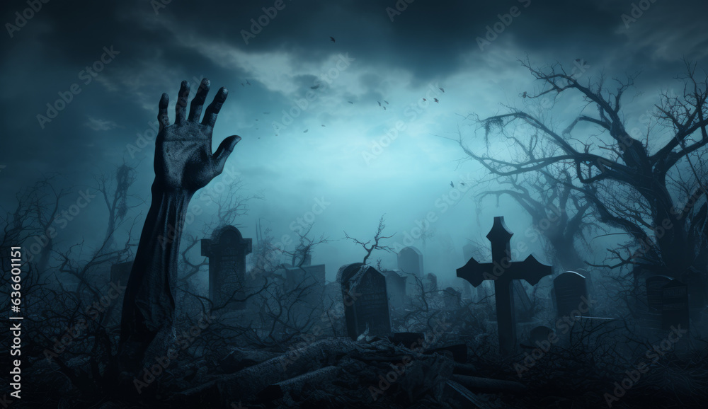 Zombie Hand Rising Out Of A Graveyard In Spooky Night. Generative AI.