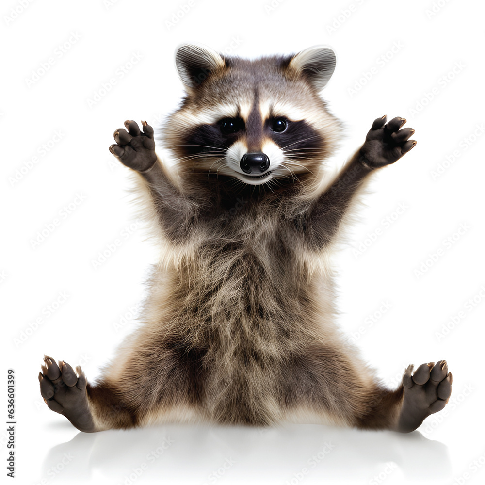 Image of funny raccoon showing rock pose isolated on white background.