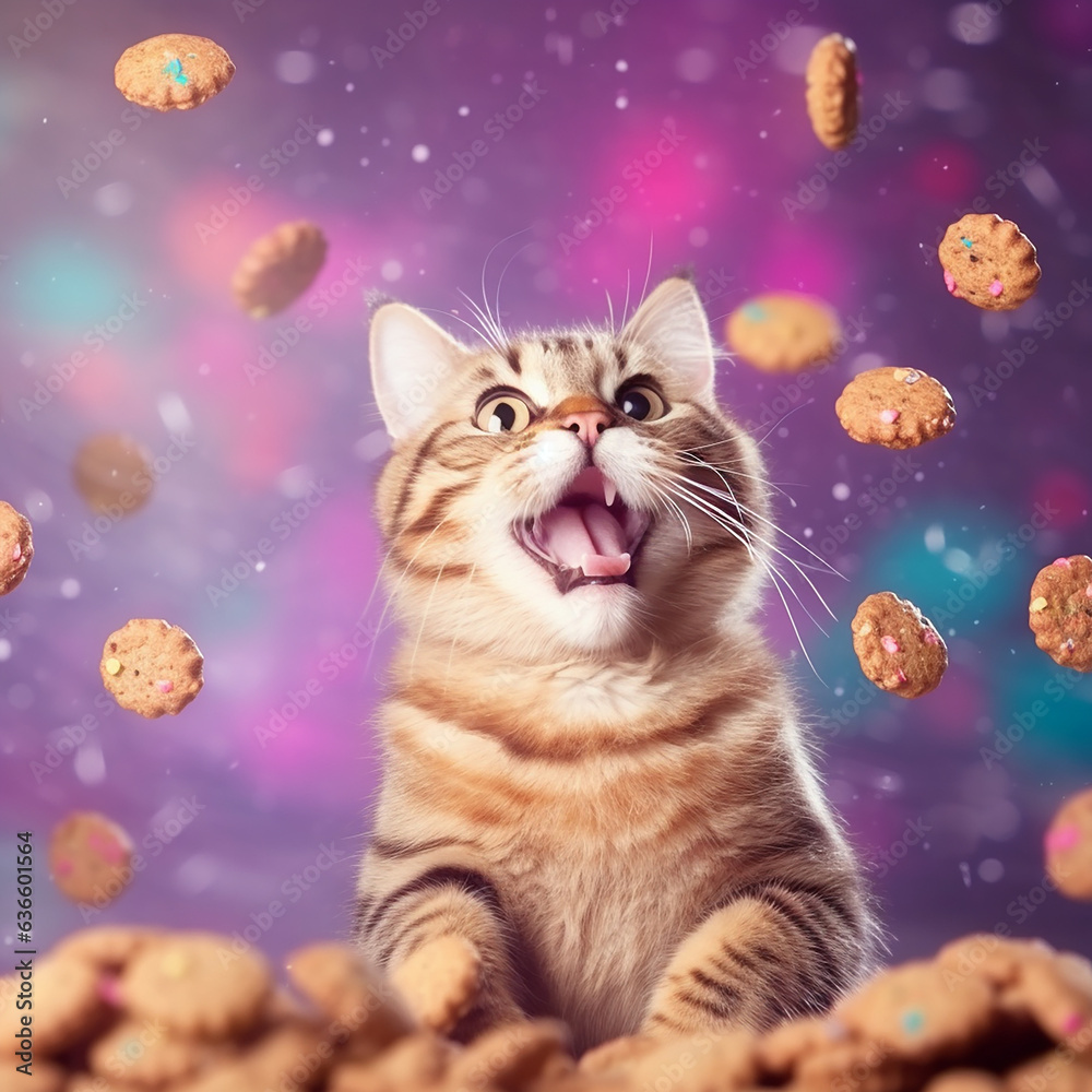 A domestic cat with chocolate chips cookies, funny cat pics, cat meme